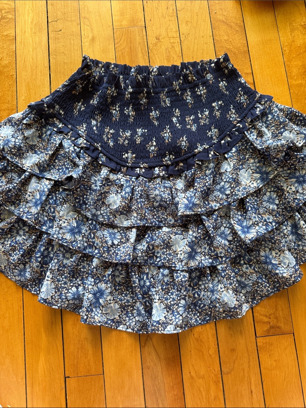 Altar'd State Navy Blue Floral Tiered Ruffle Mini Skirt size small